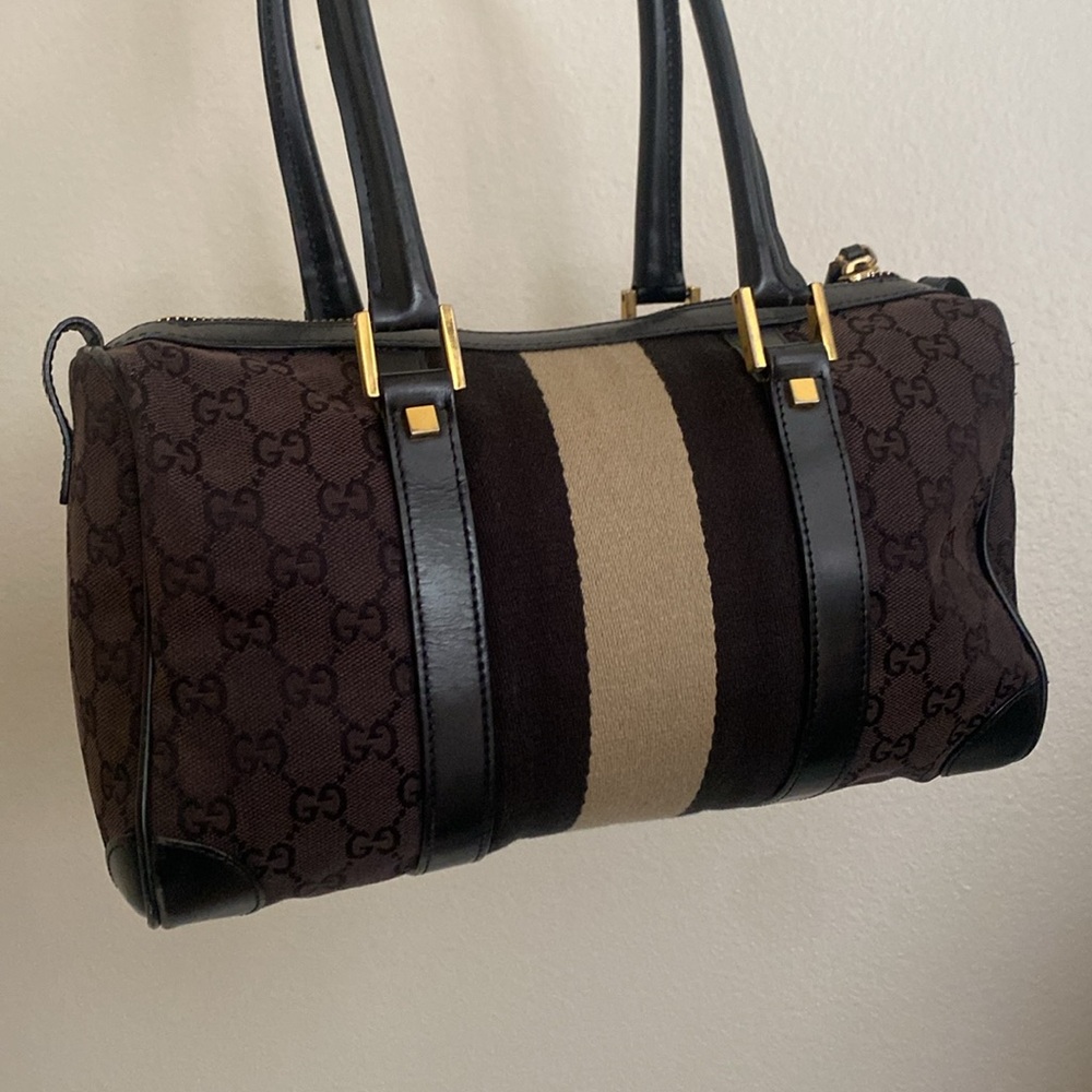 Gucci Boston monogram canvas and leather trim shoulder purse